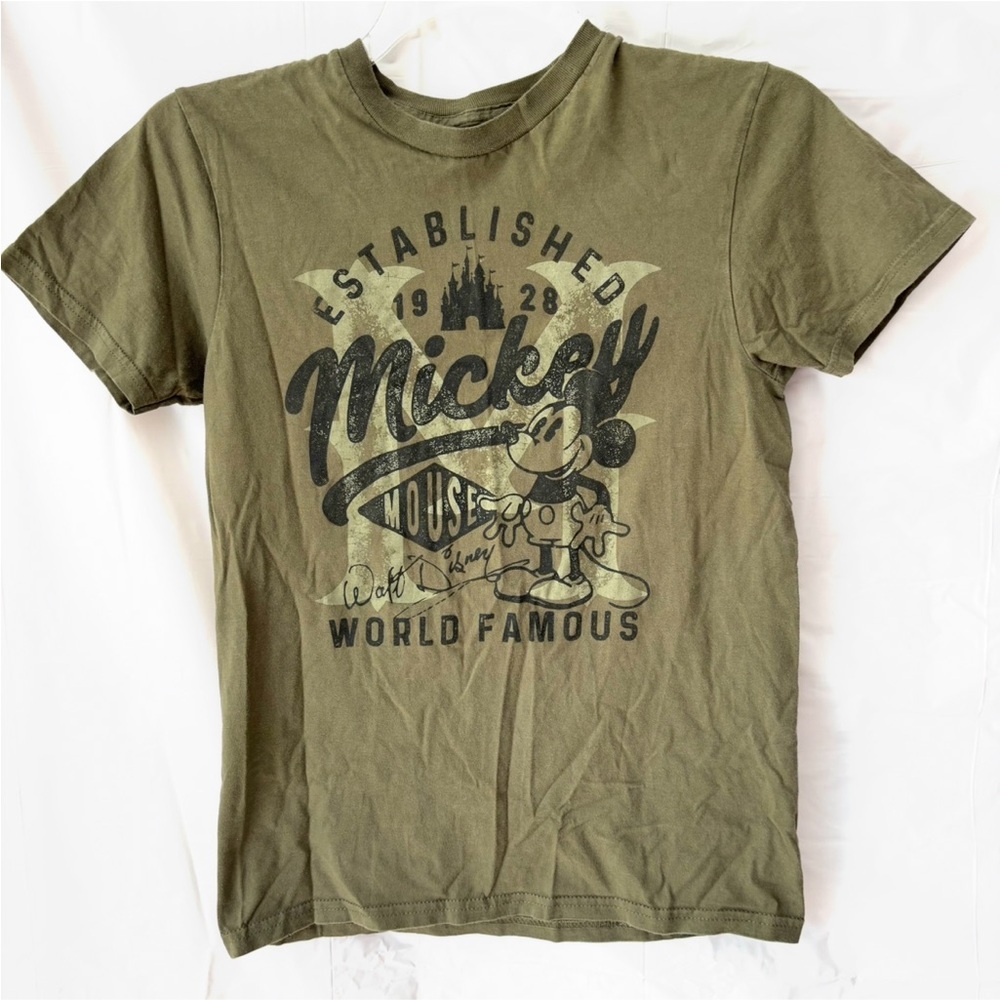 NWOT Disney Parks Mickey Mouse Walt Disney 1928 Olive Tee world famous SZ S